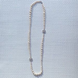 Chanel Long Faux Pearl Necklass with CC Logo Pendants
